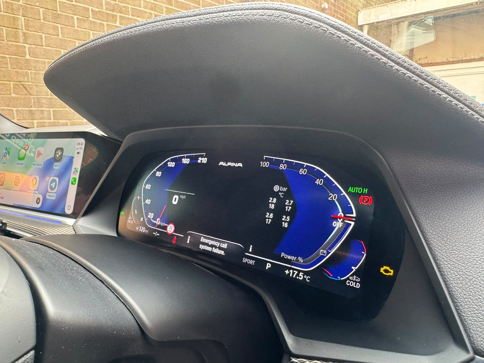 BMW X5 G05 Alpina-style dashboard theme after coding with warning indicators visible