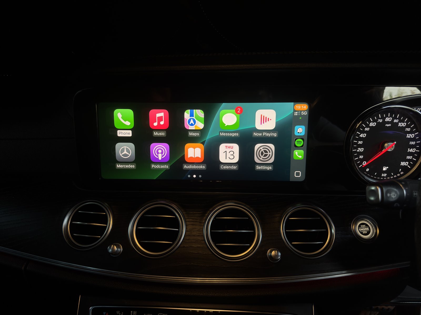 Apple CarPlay active on the Mercedes E220 factory display